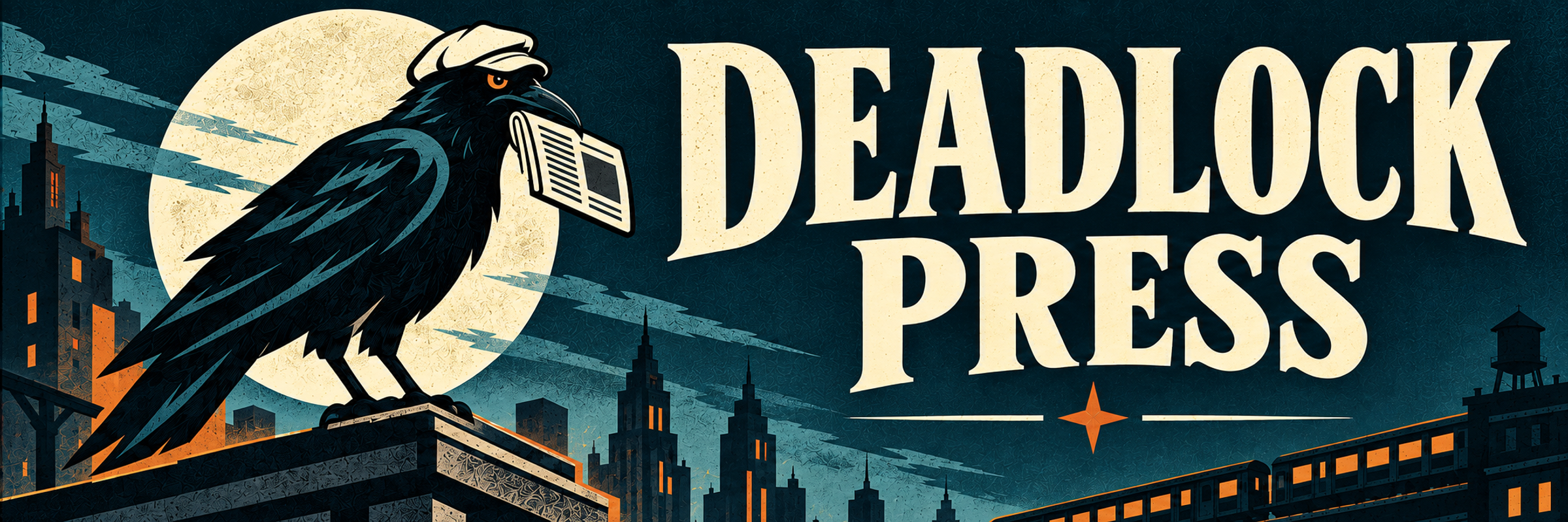 満月を背に新聞をくわえたカラスと夜の街並み。DEADLOCK PRESSのロゴ。
