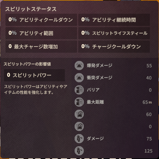 スピリットのゲーム内ステータス
