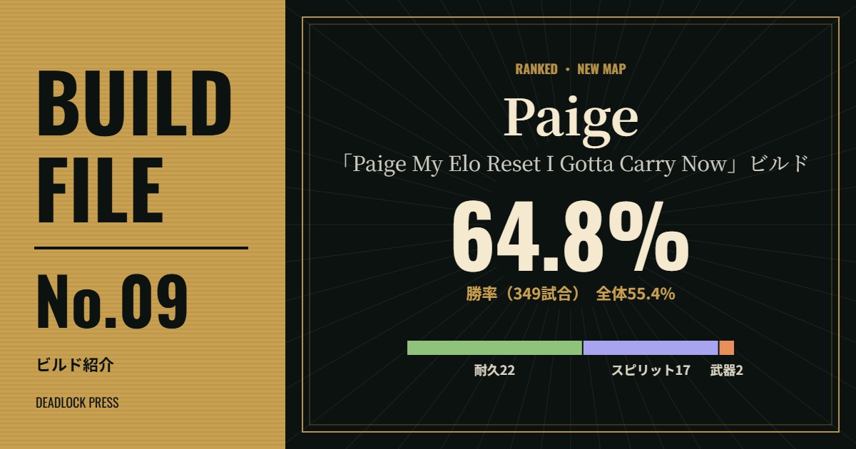 BUILD FILE No.09 Paige「Paige My Elo Reset I Gotta Carry Now」ビルド。勝率64.8％（349試合）、Paige 全体は55.4％