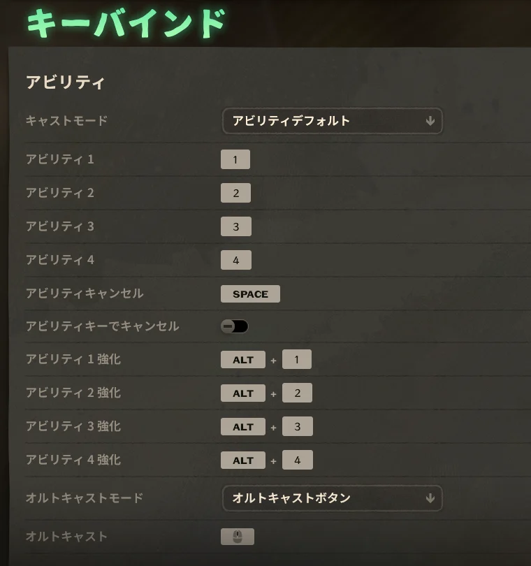 キーバインド設定のアビリティ欄。アビリティ1〜4は1〜4キー、強化はAlt＋1〜4