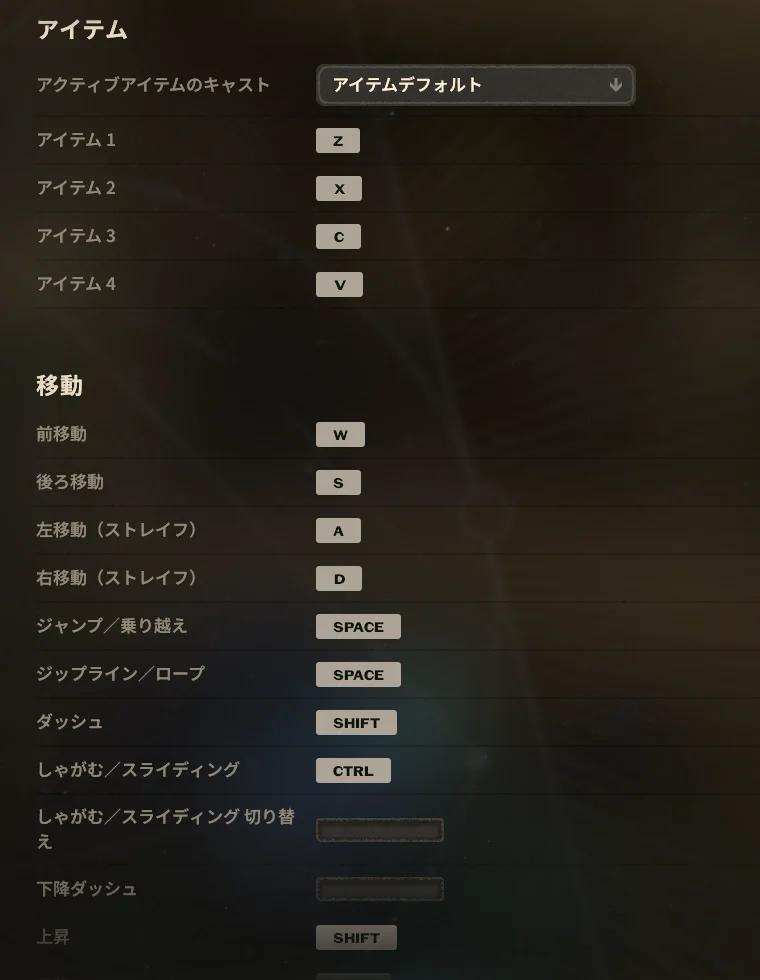 キーバインド設定のアイテム欄と移動欄。アイテム1〜4はZ・X・C・V、移動はW・A・S・D、ジャンプはSpace、ダッシュはShift、しゃがむ・スライディングはCtrl