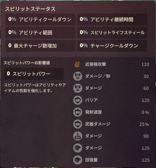 スピリットのゲーム内ステータス