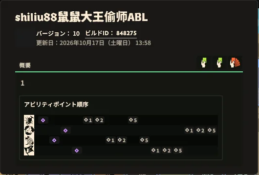 Rat Kingのビルドの概要画面。版数10、ビルドID 848275、更新日2026年10月17日、アビリティポイントの順番が表示されている