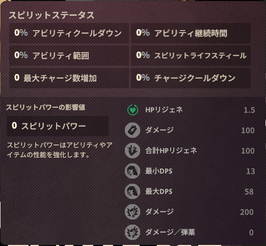 スピリットのゲーム内ステータス