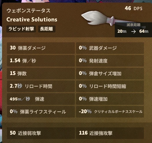 バイオレットの武器 Creative Solutions のステータス。秒間ダメージ46、弾薬ダメージ30、弾数15