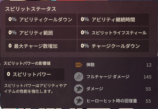 スピリットのゲーム内ステータス